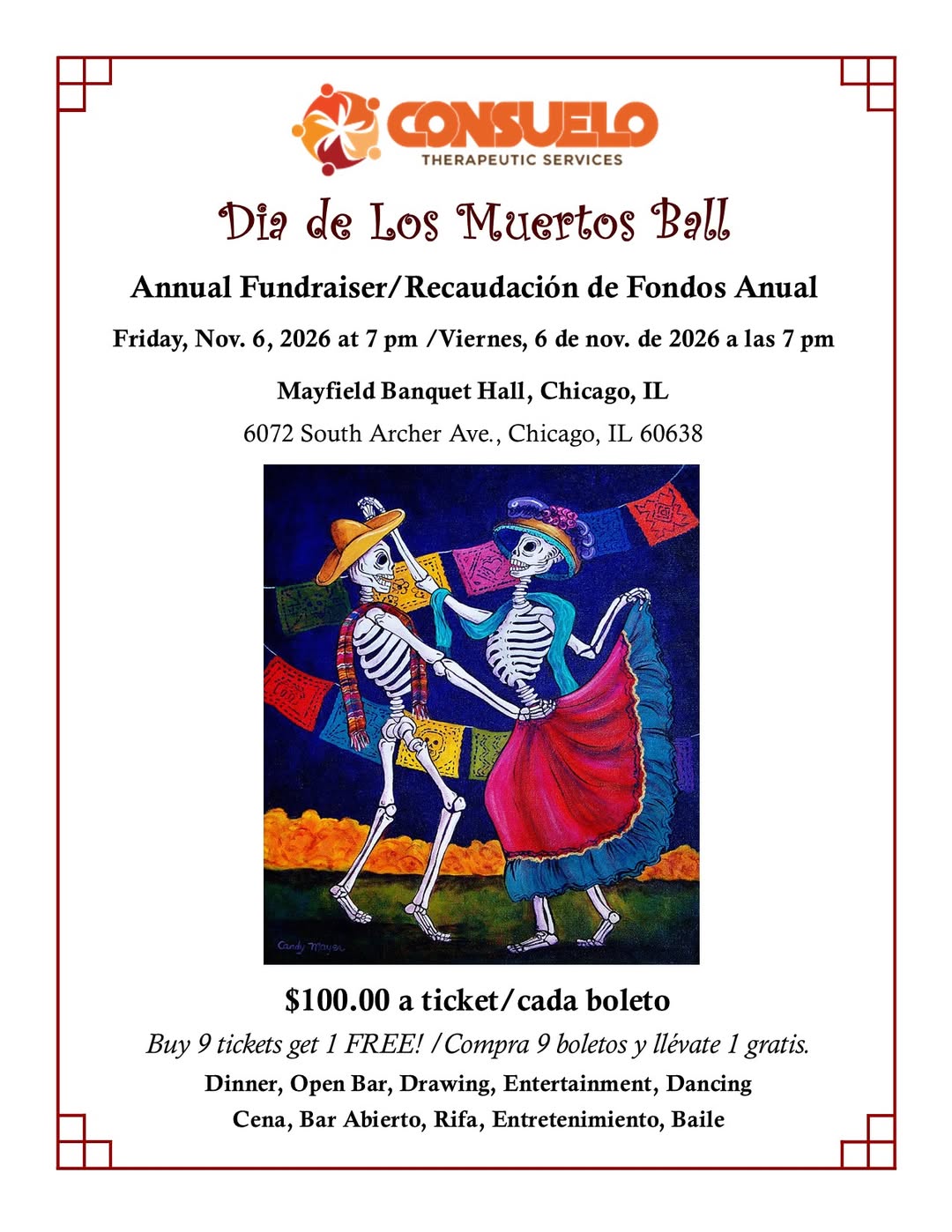 Consuelo Therapeutic Services Día de los Muertos Ball flyer with dancing skeletons