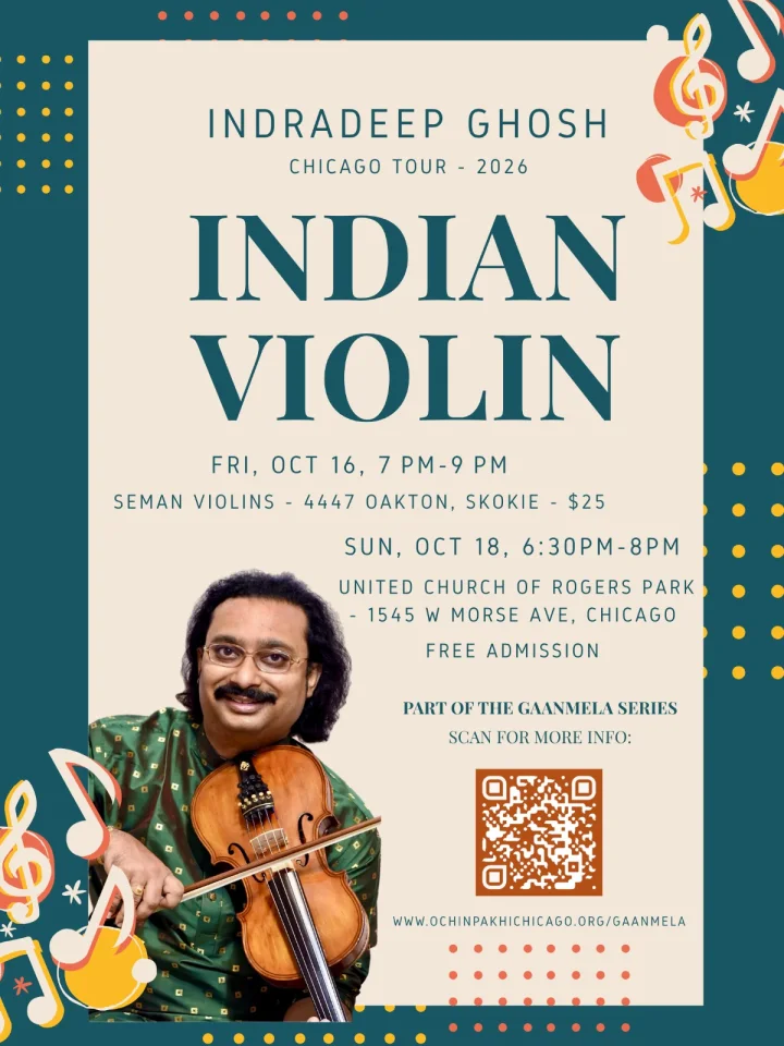 Indradeep Ghosh Chicago Tour 2026 poster listing October 16 at Seman Violins and October 18 at United Church of Rogers Park