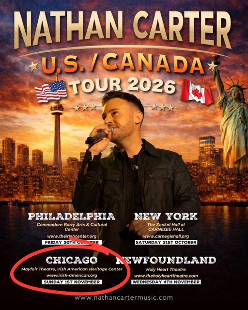 Official Nathan Carter 2026 tour poster, including Chicago November 1