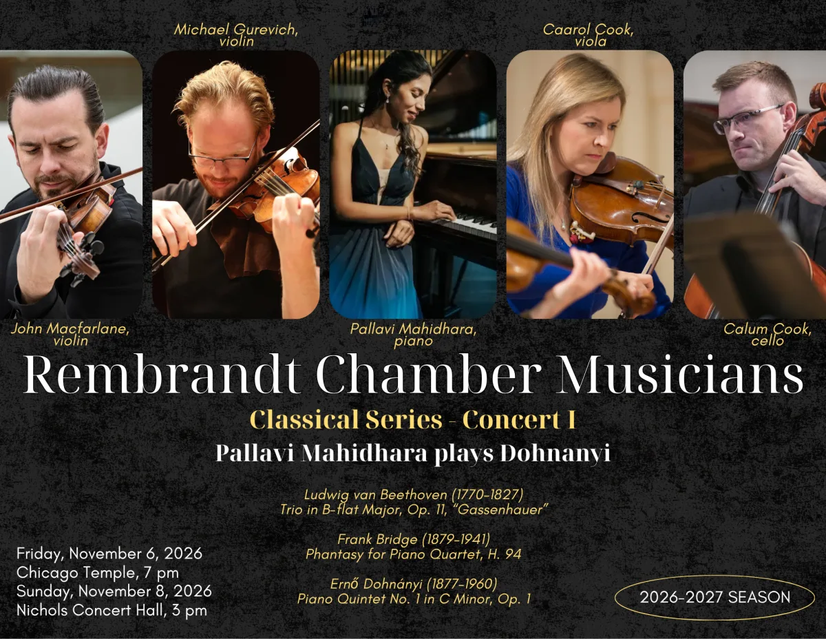 Official poster for Pallavi Mahidhara with Rembrandt Chamber Musicians, November 6 in Chicago and November 8 in Evanston.