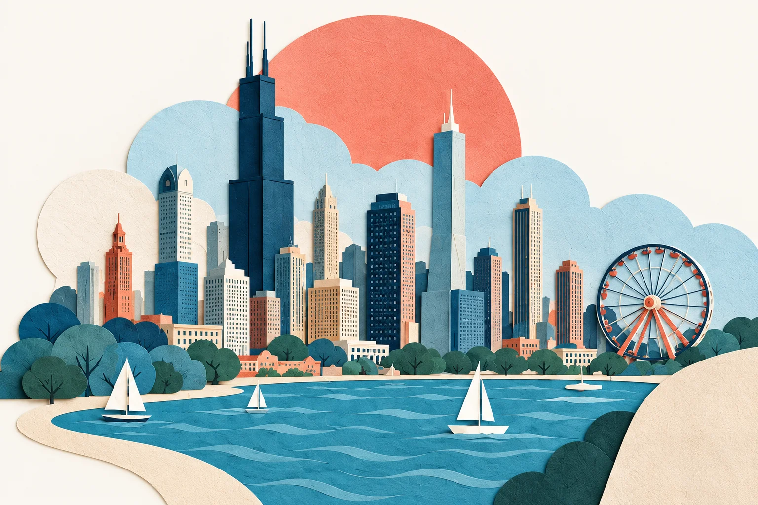 Paper-cut illustration of the Chicago skyline, Lake Michigan, sailboats, and Navy Pier.